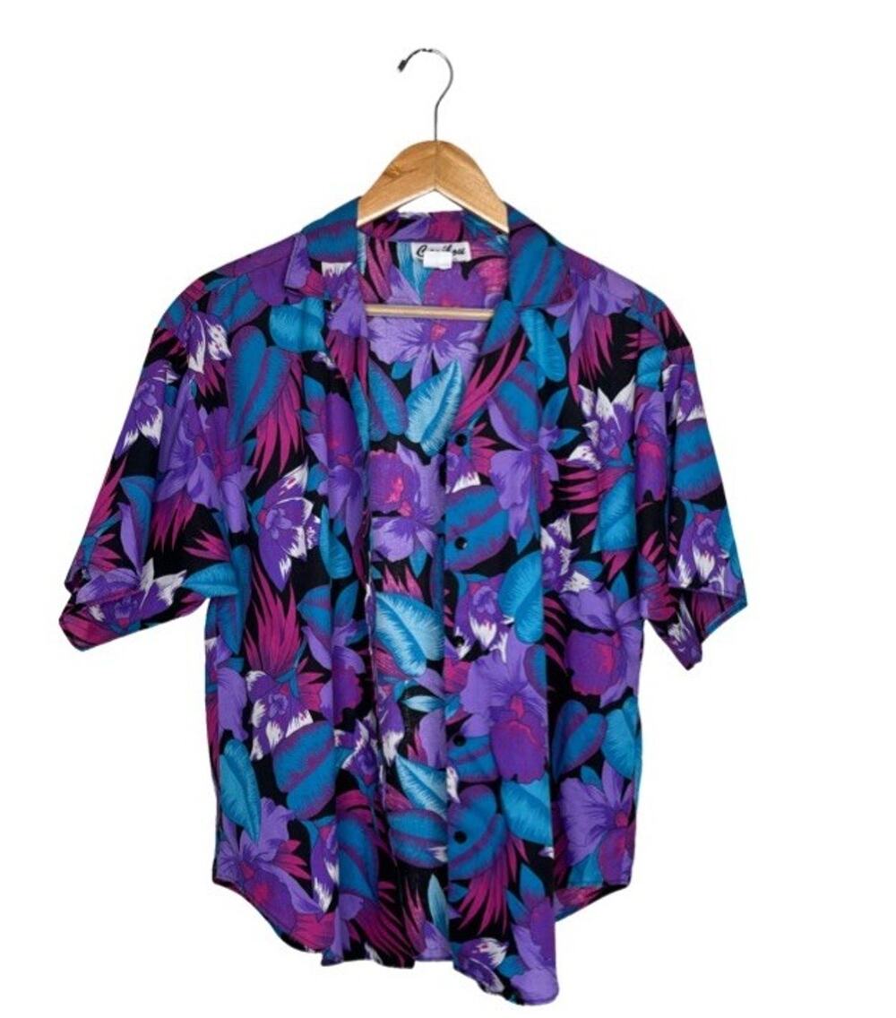 Caribou Button Up Hawaiian Size 12 Woman's Y2K Blue Purple Black Cotton Blend